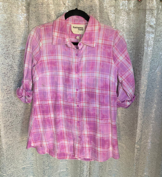 Pink Plaid embroidered button up long sleeved or 3/4 sleeved top by Savanna Jane